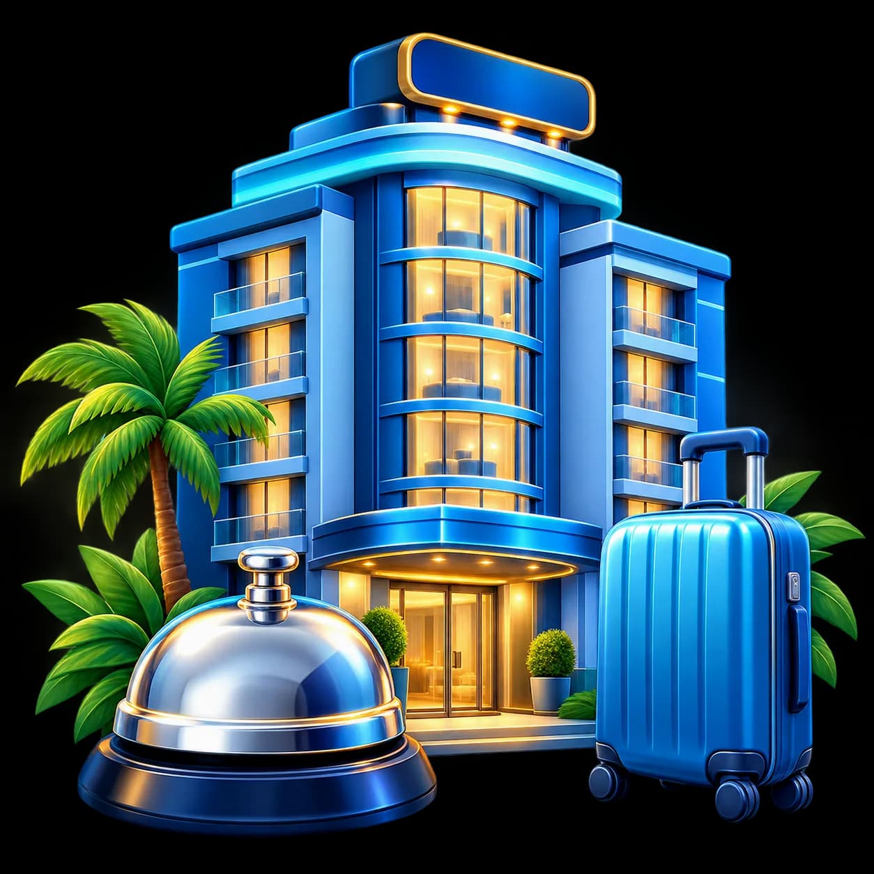 3D hotel building with hospitality symbol