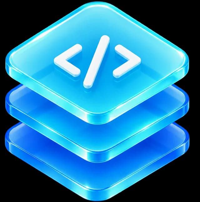 3D stacked layers icon with a code symbol